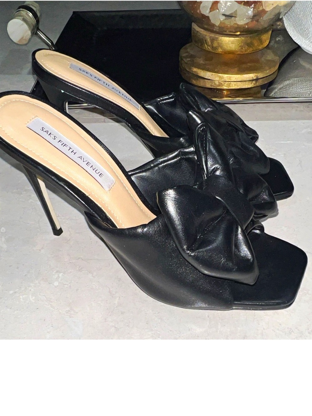 Saks Fifth Avenue Black Leather bow Knot Mule Heels 7